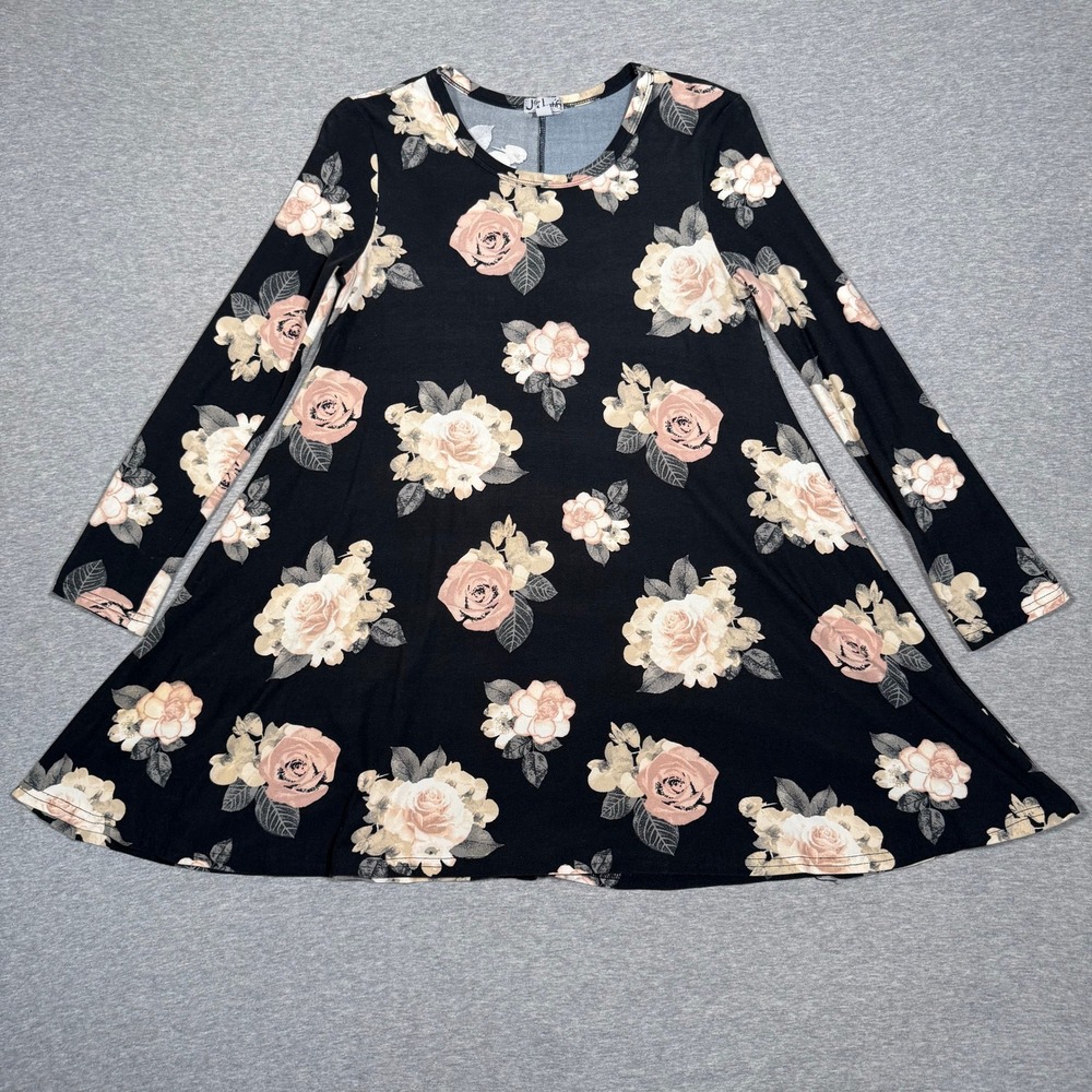 J for Justify Womens Small Floral Long Sleeve Swing Dress Black Pink Rose Mini